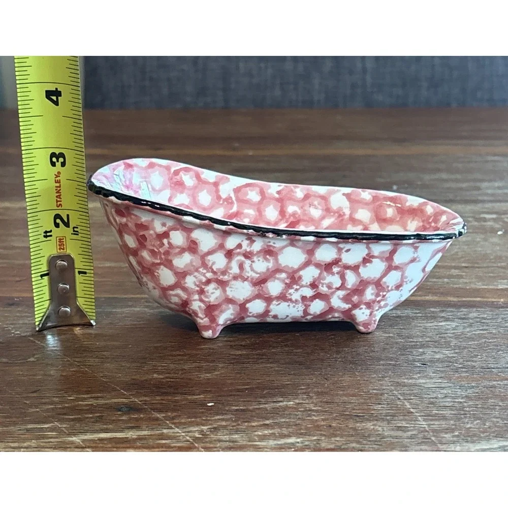 Vintage ENESCO IMPORTS JAPAN Ceramic BATHTUB Pink/White SPONGEWARE Soap Dish
